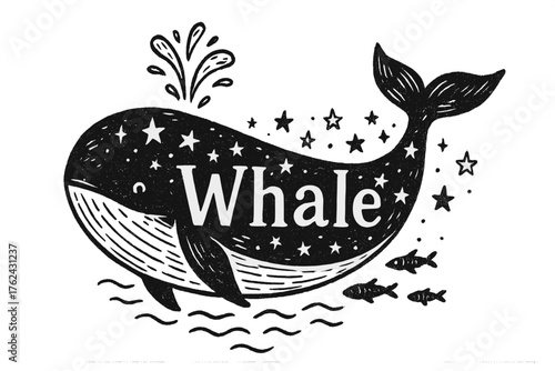 Celestial Whale Art. Hand-drawn whale with stars, water, and fish, center word “Whale” in black and white isolated transparent