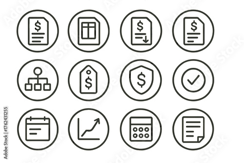 Financial Icon Set. Line style round icons of financial statements: income statement, balance sheet icon, cash flow report, P&L