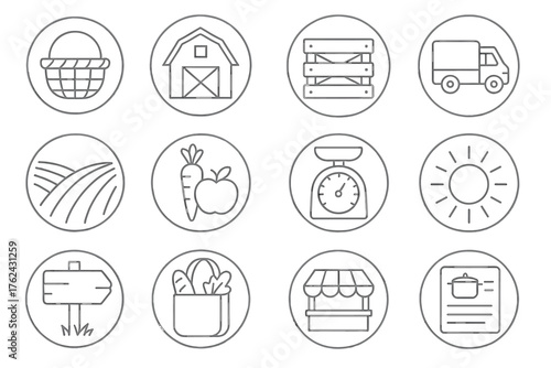Farm to Table Icons. Line style round icons of farm to table: basket, barn, crate, delivery truck; field rows, fresh produce,