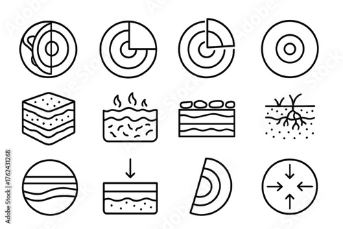 Earth Layer Icons. Line style round icons of earth layers: crust, mantle, outer core, inner core; sediment, magma, rock bed, soil;