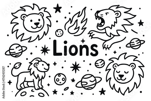 Cosmic Lions Doodle. Doodle cosmic lions with planets, stars, and fire, center word “Lions” in black and white isolated