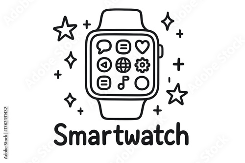 Doodle Smartwatch Design. Doodle smartwatch with stars, apps, and sparkles, center word “Smartwatch” in black and white isolated