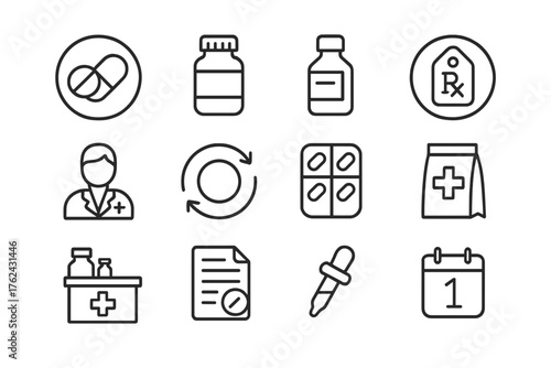 Pharmacy Line Icons. Line style round icons of pharmacy and medication: pill icon, medicine bottle, dosage label, prescription tag