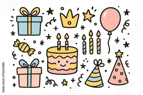 Birthday Doodle Icons. Birthday kids doodle icon set: hand drawn icons of cake with smile, gifts, crown, star, balloon, candy,