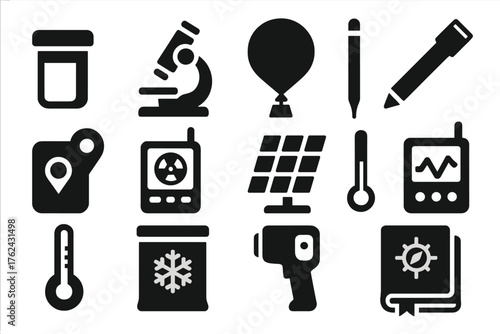 Scientific Research Icons. Solid style icons of Scientific research tools: sample container, microscope, weather balloon, ice core