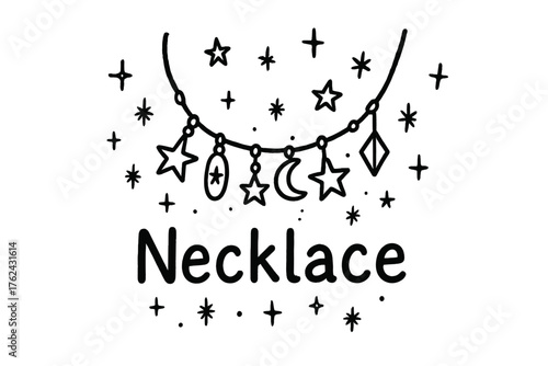 Doodle Necklace Art. Doodle necklace with stars, pendants, and sparkles, center word “Necklace” in black and white isolated