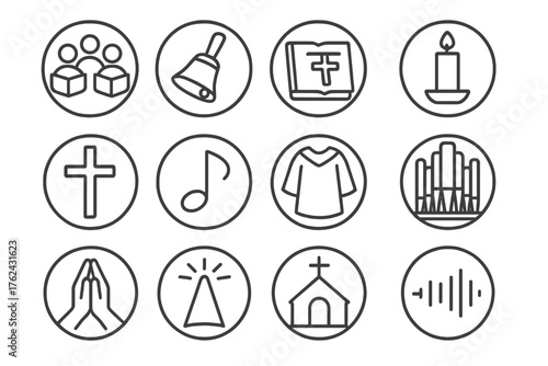 Worship Music Icons. Line style round icons of worship music: choir, handbell, hymn book, candle; cross, note, robe, organ; folded