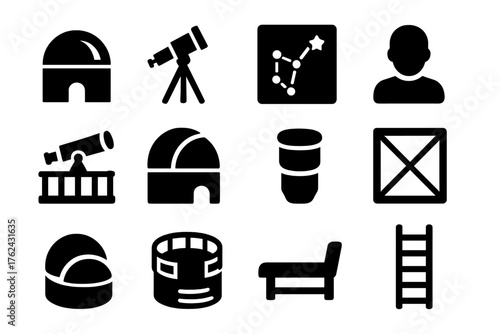 Observatory Icon Set. Solid style icons of Observatory components: dome, telescope, star chart, astronomer, observation deck,