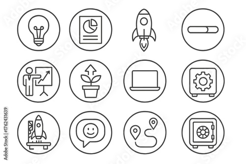 Tech Startup Icons. Line style round icons of tech startup process: light bulb, pitch deck, rocket, progress bar; investor chart,