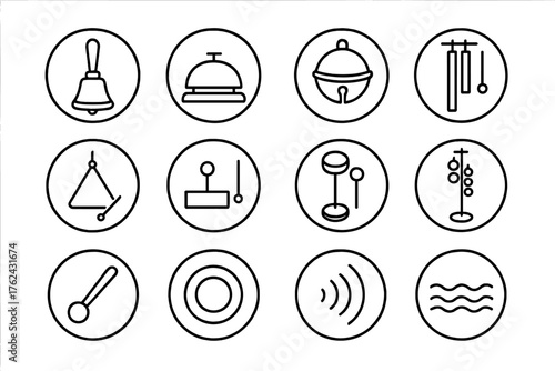 Round Musical Bell Icons. Line style round icons of musical bells: handbell, desk bell, sleigh bell, tubular bell; triangle, chime