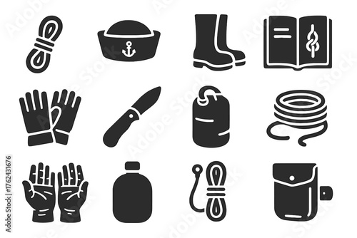Sailor Tools Icons. Solid style icons of Sailor Tools: rigging rope, sailor’s cap, deck boots, knot guidebook, gloves, nautical