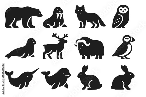 Arctic Wildlife Icons. Solid style icons of Arctic Wildlife: polar bear, walrus, arctic fox, snowy owl, seal, reindeer, musk ox,
