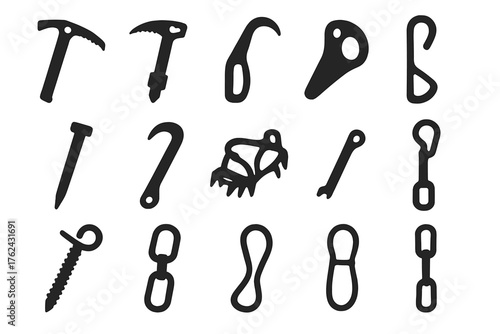 Mixed Climbing Tools Icons. Solid style icons of Mixed climbing tools: hammer axe, pick attachment, ice clipper, bolt hanger, rock