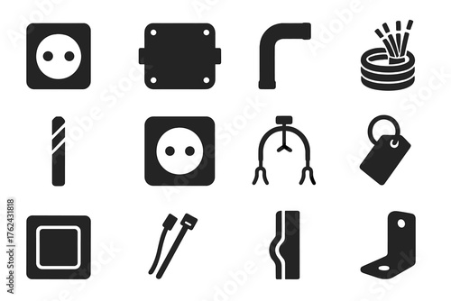 Wiring Installation Icons. Solid style icons of Wiring Installation: wall socket, junction box, conduit pipe, cable bundle, drill