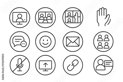 Virtual Networking Icons. Line style round icons of online networking: video screen, virtual room, breakout icon, raised hand;