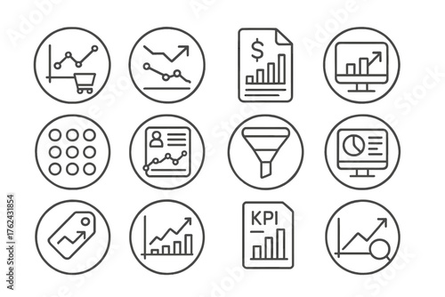 E-commerce Analytics Icons. Line style round icons of e-commerce analytics: conversion graph, bounce rate, sales report, traffic