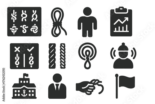 Maritime Training Icons. Solid style icons of Maritime Training: knot board, practice rope, training dummy, clipboard chart, knot