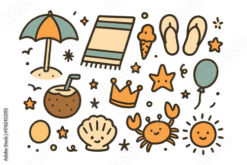 Beach Vacation Doodles. Beach holiday doodle icon set: hand drawn icons of umbrella, towel, flip flops, ice cream, coconut, crown,