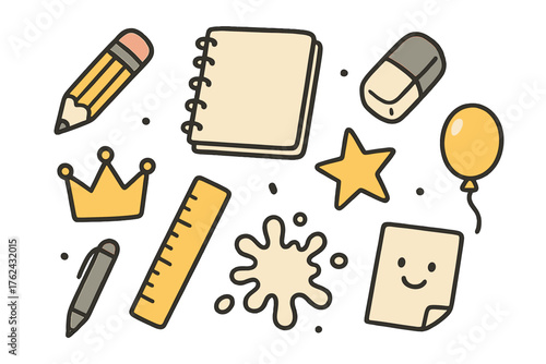 Cute Doodle Icon Set. Drawing doodle icon set: hand drawn icons of pencil, sketchbook, eraser, ruler, crown, star, balloon, paint