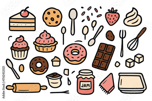 Desserts Doodle Icons. Desserts doodle icon set: hand drawn icons of cake, cupcake, cookie, tart, donut, pie, chocolate bar, spoon