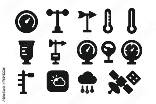 Weather Instruments Icons. Solid style icons of Weather Instruments: barometer, anemometer, wind vane, thermometer, rain gauge,