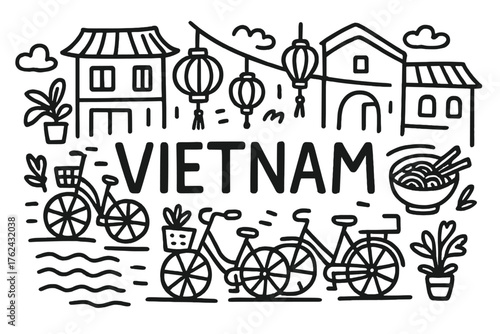 Vietnamese Street Doodle. Doodle vietnamese street with lanterns, bicycles, and noodles, center word “Vietnam” in black and white