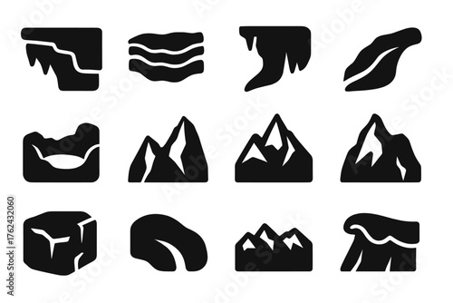 Solid Glacial Icons. Solid style icons of Glacial Formations: ice shelf, blue ice layers, hanging glacier, glacier tongue, cirque