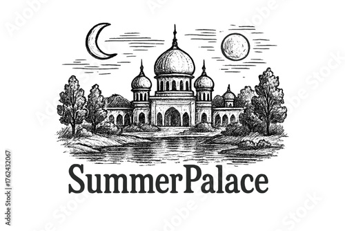 Summer Palace Serenity. Hand-drawn summer palace with moons, lakes, and trees, center word “SummerPalace” in black and white