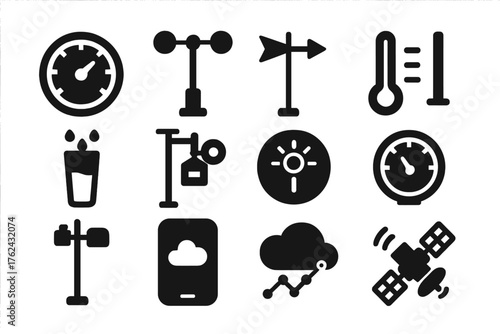 Weather Instruments Icons. Solid style icons of Weather Instruments: barometer, anemometer, wind vane, thermometer, rain gauge,