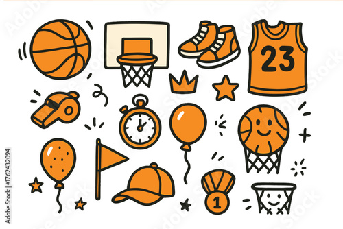 Basketball Doodle Icons. Basketball doodle icon set: hand drawn icons of ball, hoop, shoes, jersey, whistle, stopwatch, crown,