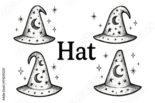 Magical Wizard Hats. Hand-drawn wizard hats with moons, stars, and sparkles, center word “Hat” in black and white isolated