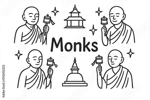 Monks and Prayer Wheels. Hand-drawn monks with prayer wheels, stars, and temples, center word “Monks” in black and white isolated