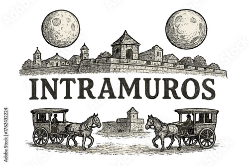 Intramuros Cosmic Art. Hand-drawn intramuros with moons, walls, and carriages, center word “Intramuros” in black and white