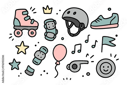 Skating Doodle Icons. Skating doodle icon set: hand drawn icons of roller skates, helmet, pads, shoes, crown, star, balloon, flag,