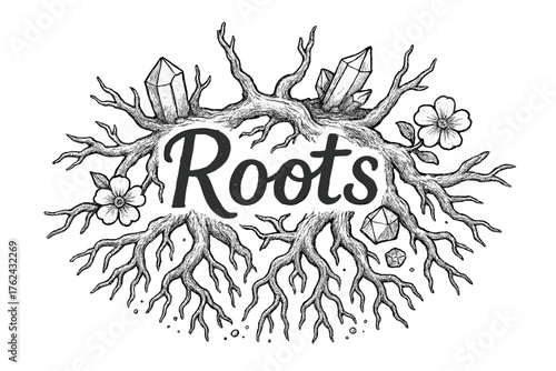 Enchanted Roots Illustration. Hand-drawn magical roots with gems, flowers, and earth, center word “Roots” in black and white
