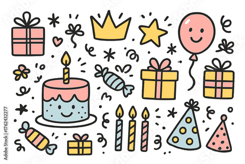 Birthday Doodle Icons. Birthday kids doodle icon set: hand drawn icons of cake with smile, gifts, crown, star, balloon, candy,