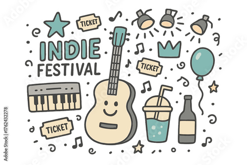 Indie Festival Doodle. Indie festival illustration doodle style: hand drawn guitar with smile, keyboard, crown, star, balloon,