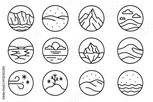 Frozen Environment Icons. Line style round icons of frozen environments: glacier, snowfield, icy peak, frost layer; frozen lake,