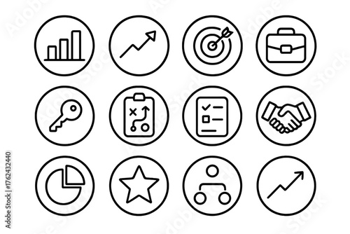 Business Goal Icons. Line style round icons of business goals: bar chart, growth arrow, mission statement, briefcase; key result,