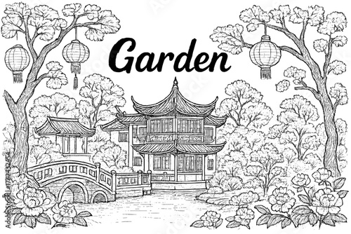 Yu Garden Lanterns. Hand-drawn yu garden with lanterns, trees, and flowers, center word “Garden” in black and white isolated