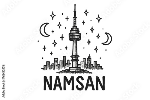 Namsan Tower Illustration. Hand-drawn namsan tower with moons, sparkles, and skyline, center word “Namsan” in black and white