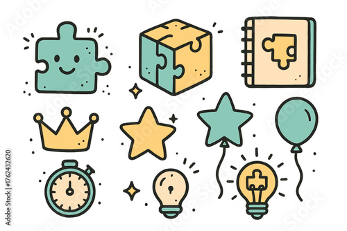 Puzzle Doodle Icon Set. Puzzle doodle icon set: hand drawn icons of puzzle piece with smile, cube, notebook, crown, star, balloon,