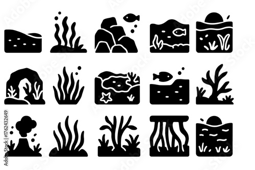 Ocean Habitat Icons. Solid style icons of Ocean Habitat: sandy seabed, rocky reef, kelp forest, coral cave, tide pool, deep sea
