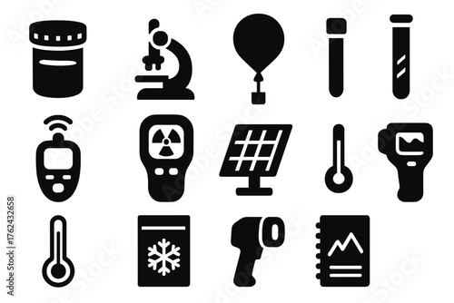 Scientific Research Icons. Solid style icons of Scientific research tools: sample container, microscope, weather balloon, ice core