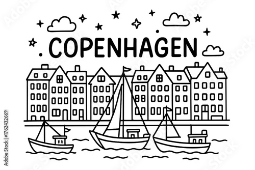 Copenhagen Nyhavn Doodle. Doodle copenhagen nyhavn with ships, houses, and stars, center word “Copenhagen” in black and white