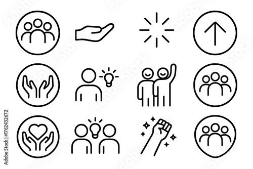 Team Empowerment Icons. Line style round icons of team empowerment: group circle, open hand, light spark, upward arrow; trust icon