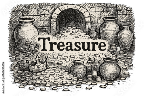 Golden Treasure Chamber. Hand-drawn treasure chamber with gold, jars, and crowns, center word “Treasure” in black and white