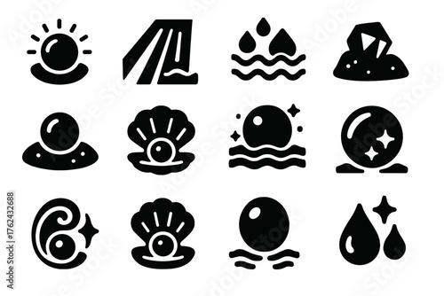 Aquatic Jewels Icons. Solid style icons of Aquatic Jewels: glowing pearl, ocean light beam, tide sparkle, hidden gem, sand cradle,