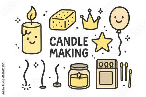 Candle Workshop Icons. Candle making workshop doodle icon set: hand drawn icons of candle with smile, wax, crown, star, balloon,