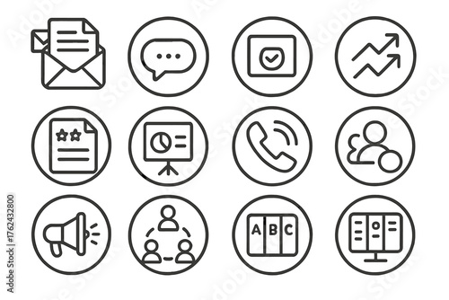 Project Communication Icons. Line style round icons of project communication: email thread, message icon, status update, feedback